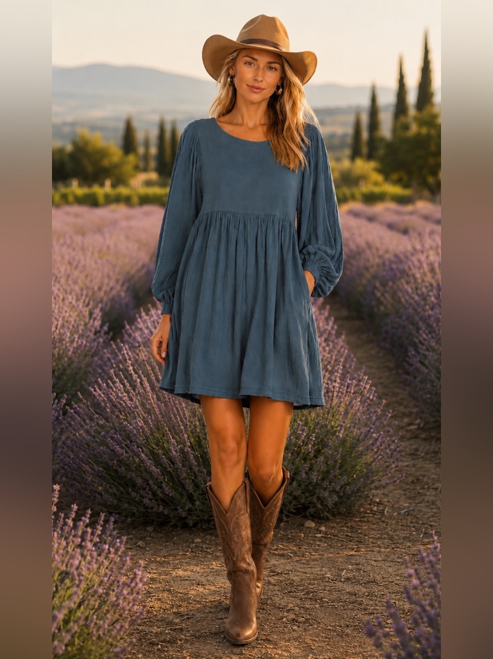 Free People Blue Long-Sleeve Babydoll Dress